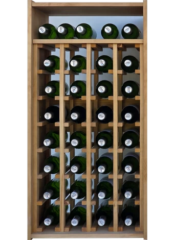 Elegant modular wine rack in pine wood finished in light oak colour, ideal for storing up to 32 bott