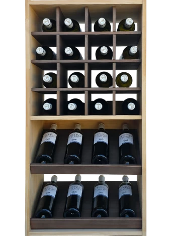 Two-colour bottle rack with 8 display compartments for 8 brands and 16 individual slots for a total