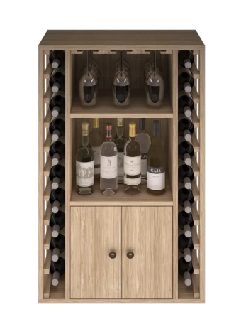 BOTELLERO DE MADERA CON PUERTAS Y SOPORTE PARA COPAS ER2521 Distribuido por Expovinalia