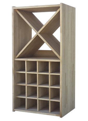 Modular wood wine rack with blades and holes for bottles by Expovinalia