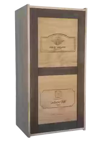 Decorative wine rack with logos of famous wineries on the door by Expovinalia com
