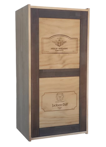 Decorative wine rack with logos of famous wineries on the door by Expovinalia com