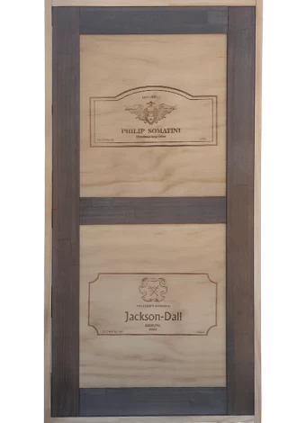 Decorative wine rack with logos of famous wineries on the door by Expovinalia com