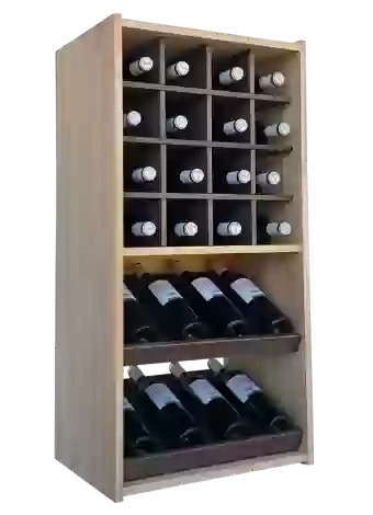 Two-colour bottle rack with 8 display compartments for 8 brands and 16 individual slots for a total