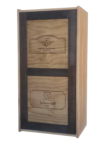 Decorative wine rack with logos of famous wineries on the door by Expovinalia com