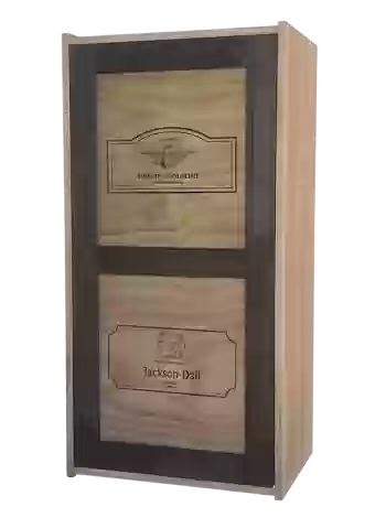 Decorative wine rack with logos of famous wineries on the door by Expovinalia com