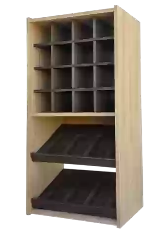 Two-colour bottle rack with 8 display compartments for 8 brands and 16 individual slots for a total