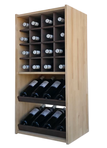 Two-colour bottle rack with 8 display compartments for 8 brands and 16 individual slots for a total