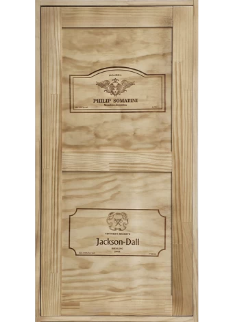 Bottle rack with logos of famous wineries on the door and 3 interior shelves for wine accessories an