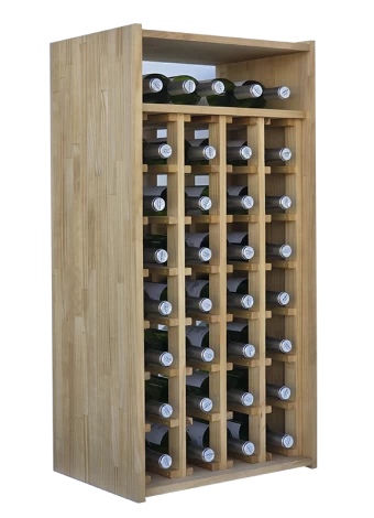 Elegant modular wine rack in pine wood finished in light oak colour, ideal for storing up to 32 bott